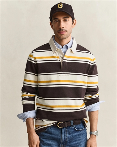 Gant - Striped Heavy Rugger Polo - Charred Wood Brown